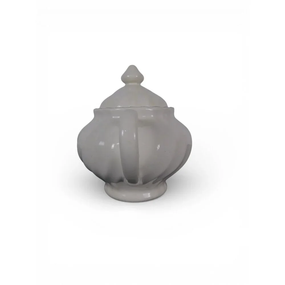 Vintage White Ceramic Sugar Bowl w Lid Double Handle Scalloped